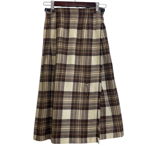 Vintage Kilt Womens XS Brown Cream Tartan Plaid Wool Pleated Midi Skirt Scotland - Picture 1 of 8